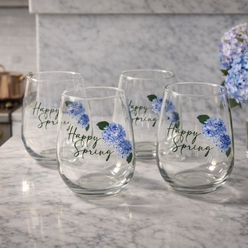 Set of 4 'Happy Spring' Floral Stemless Glasses. Juice glass, water glass, wine - Picture 1 of 9